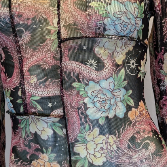 Rue21 Black Sheer Long Sleeve Dragon Print Mesh One-Piece Bodysuit (1-xs & 1-s) - Picture 6 of 13